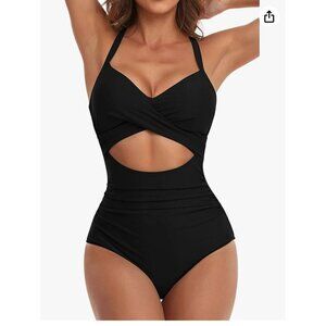 Eomenie One Piece SZ S Swimsuit Tummy Control Cutout High Waisted Tie Back NEW